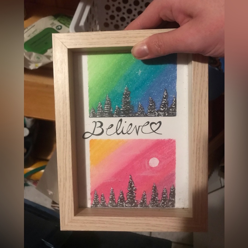 Believe Framed Wall Art - Colorful Gradient Forest Print (Pink, Green, Blue)